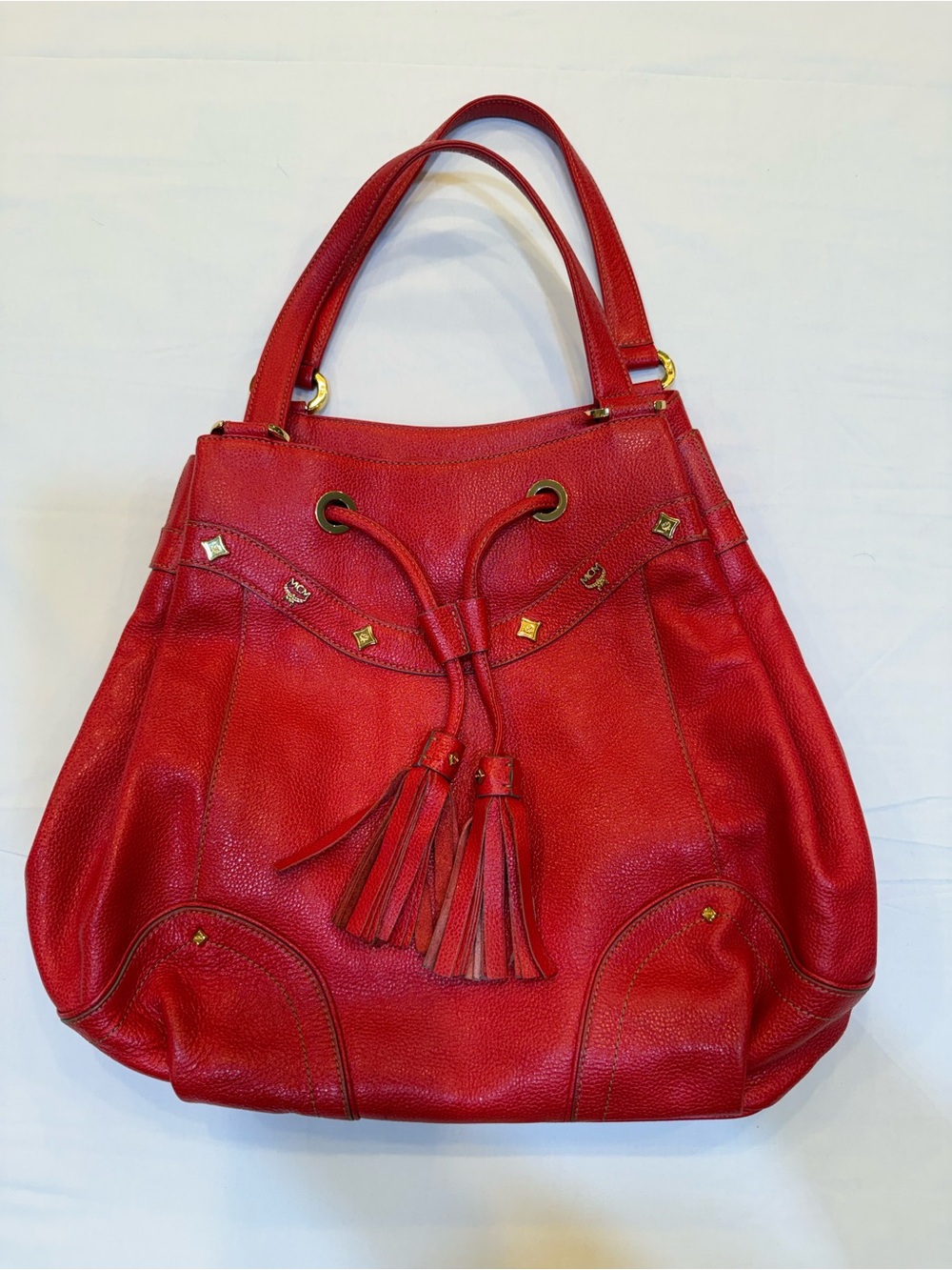 MCM Red Leather Drawstring Tassel Shoulder Bag